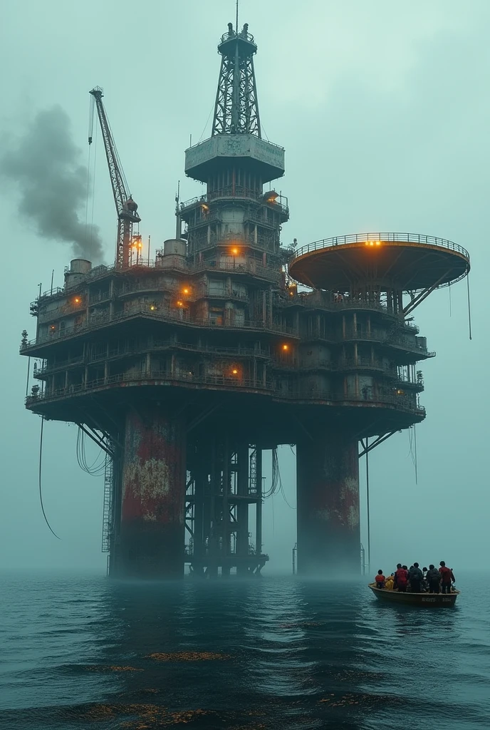 Giant offshore oil platform abandoned and in ruins, rusting, Many rooms, illuminated helipad, smoke in the tower, bad painting, fotorrealism, there is a boat with survivors with backpacks on their backs arriving on it.  