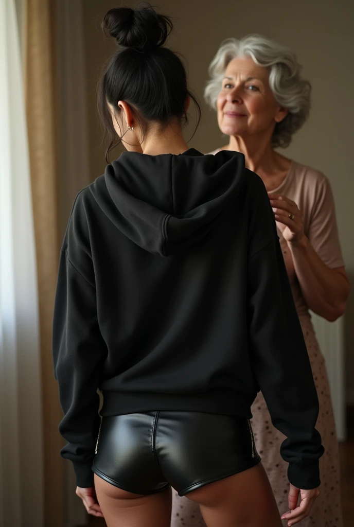 black woman hair in a bun black hoodie   black leather short shorts  being fucked in the ass by a old grandma in a dress
       
