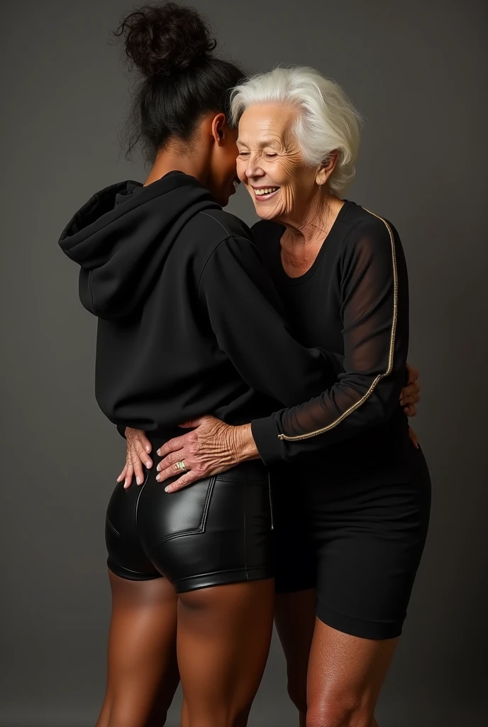 black woman hair in a bun black hoodie   black leather short shorts  being fucked in the ass by a old grandma in a dress
       