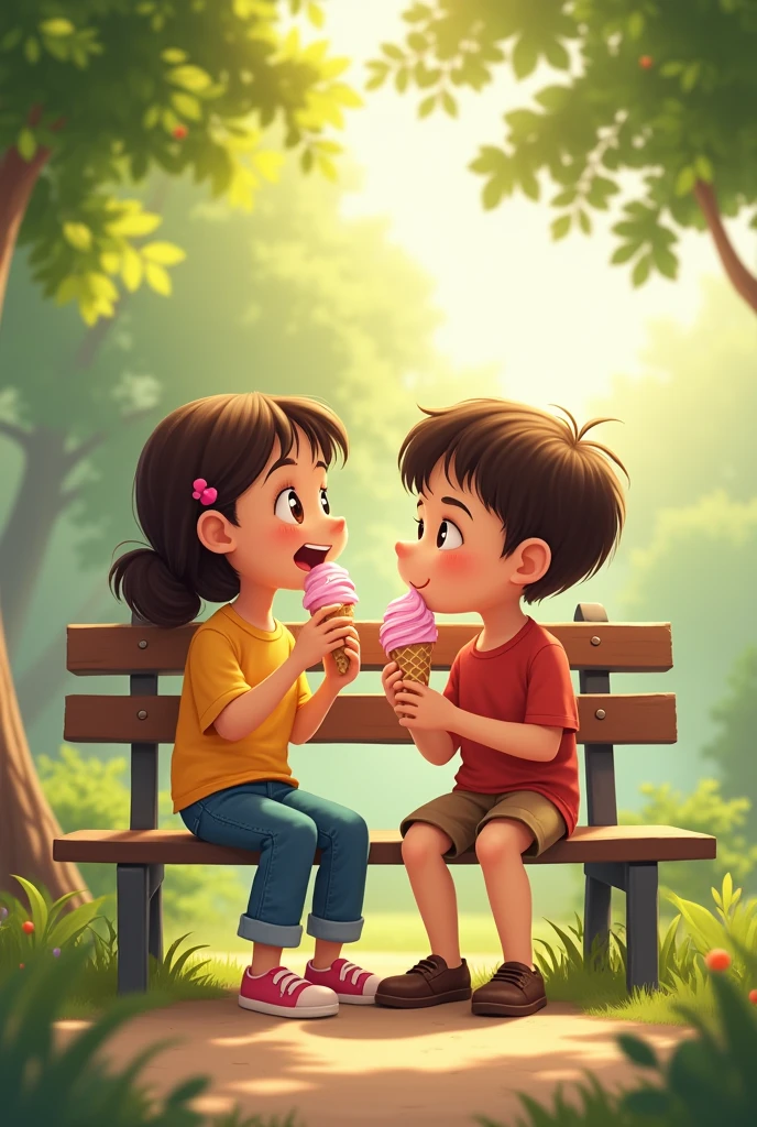 THE GIRL  AND THE BOY  EAT AND ICE CREAM ON THE BENCH







