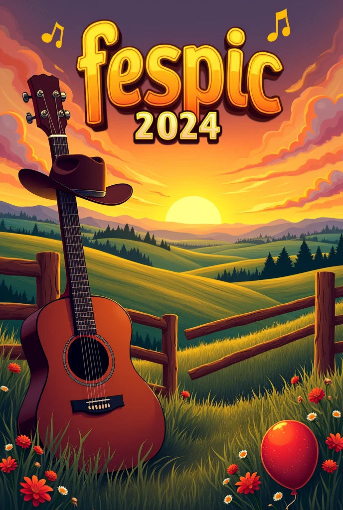**Artwork Description:**

- **fund:** A rural setting with a sunset, showing fields and a wooden fence.
- **Main Elements:** 
  - A stylized guitar featured, with some musical notes floating around.
  - A cowboy hat (or pawn) positioned next to the guitar, symbolizing the country culture.
- **texto:** 
  - At the top, in a relaxed, cursive font: "Fespic 2024" in vibrant colors, como amarelo e laranja, to contrast with the background.
- **Additional Detail:** 
  - Some wildflowers and a party balloon in the corner, representing the joy and festivity of the event.