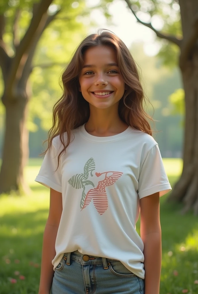 highest resolution, high detailed, photorealistic, T-shirt mockup, a young girl, Italian kids, happy face expression, gorgeous, Caucasian, standing in a park,