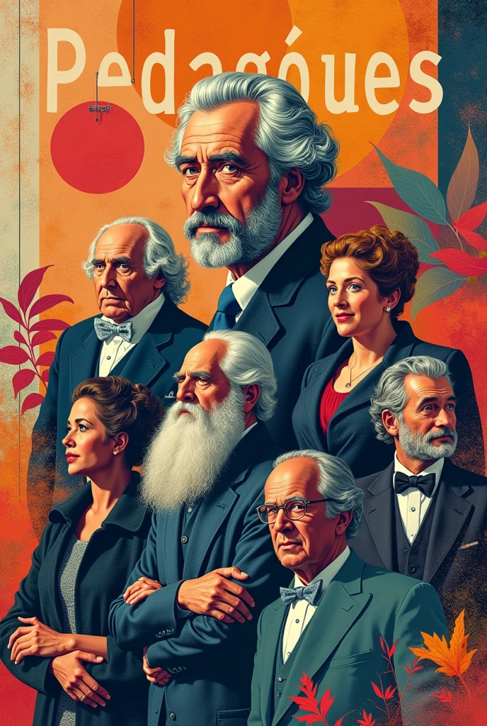 Magazine poster with the following pedagogues: Plato Juan Luis Vives Juan Amos Comenius John Locke Jean-Lacques Rousseau Heinrich Pestalozzi George Derschensteiner Ovide Decroly Edward Claparéde John Dewey Maria Montessori Celestine Freinet Gabino Barreda Justo Sierra José Vasconcelos Torres Quintero Antonio Caso Enrique Rébsamen