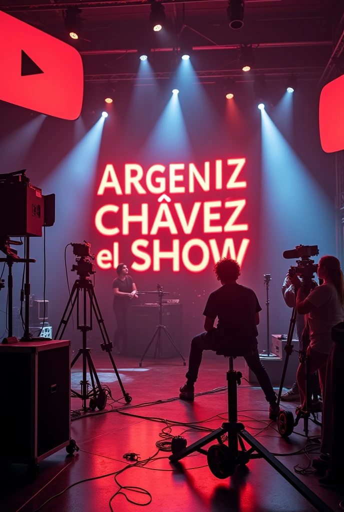 “I want a background that has the text 'Argeniz Chávez El Show' in red. The image must include tripods recording, music related items (as microphones, headphones, or musical instruments), and the YouTube logo somewhere in the image.”