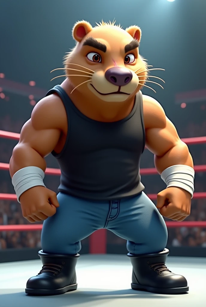 Cartoon anteater dressed like WWE wrestler dean Ambrose.

Cartoon anteater body. Cartoon anteater head. Cartoon anteater face. Cartoon anteater arms. Cartoon anteater hands 


Short brown hair. White wrist tape.  Cut on forehead..
 
Blue jean pants. Black muscle shirt with the sleeves cutoff. Black wrestling boots.

Standing a wrestling ring..