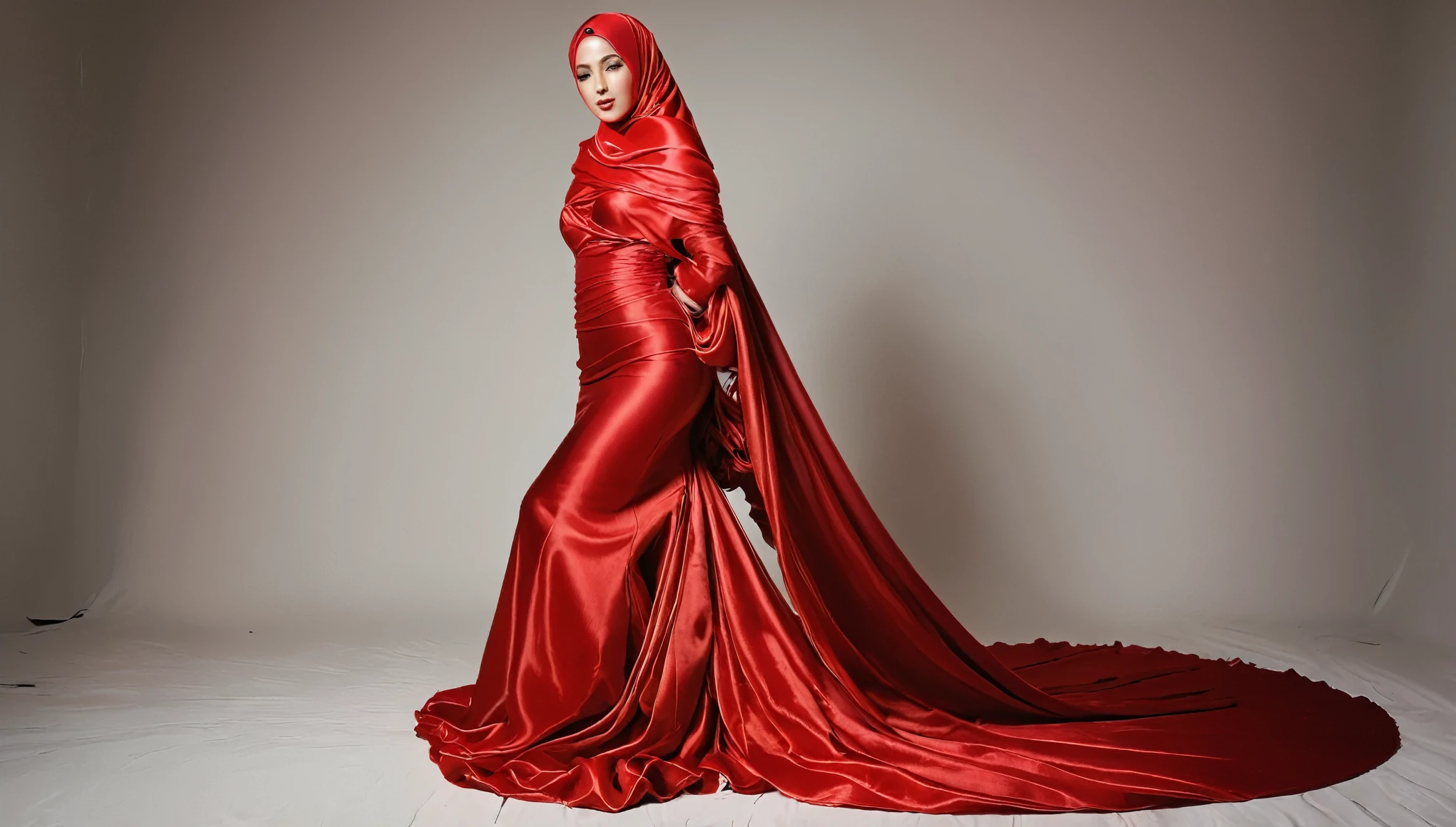A woman shrouded in a 10-meter-long, plush red satin cloth, tightly bound and grandly draping along the form of her body, flowing off into a pooled floor-length train, styled in a mermaid-inspired outfit, her head modestly veiled in a satin hijab, tall woman, in photo studio, a full-body pose posing in front of people, captured in a 4k resolution, ultra-realistic