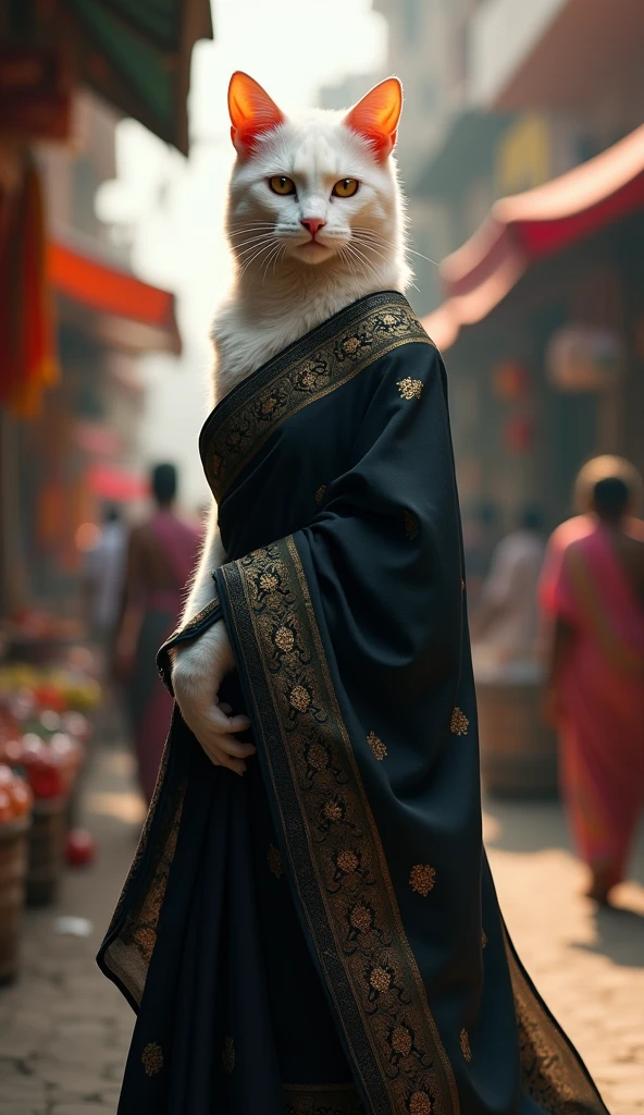 White cat in black saree in market