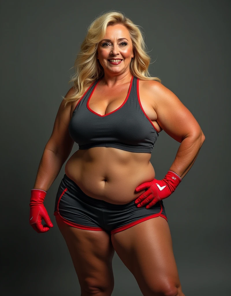 Overweight elder 70 year old attractive woman full colours brown bold lipstick high eyelashes golden hairs wearing athletic shorts overing red gloves on hands exuding pride and looking so sexy full body view