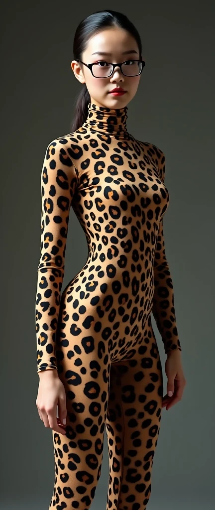 A beautiful and thin chinese contortion girl wearing a pair of glasses wears leopard print lycra turtleneck unitard catsuit.She always wear leopard print lycra dancewear hijab-like costume hood.She is my contortionist.