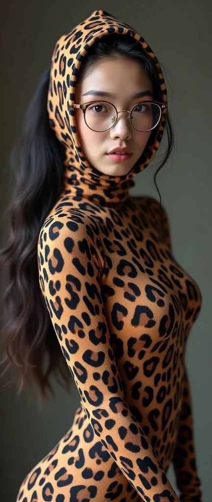 A beautiful and thin chinese contortion girl wearing a pair of glasses wears leopard print lycra turtleneck unitard catsuit.She always wear leopard print lycra dancewear hijab-like costume hood.She is my contortionist.
