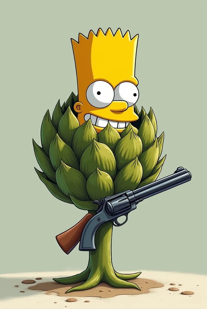 Artichoke with Bart Simpson eyes and mouth with gun