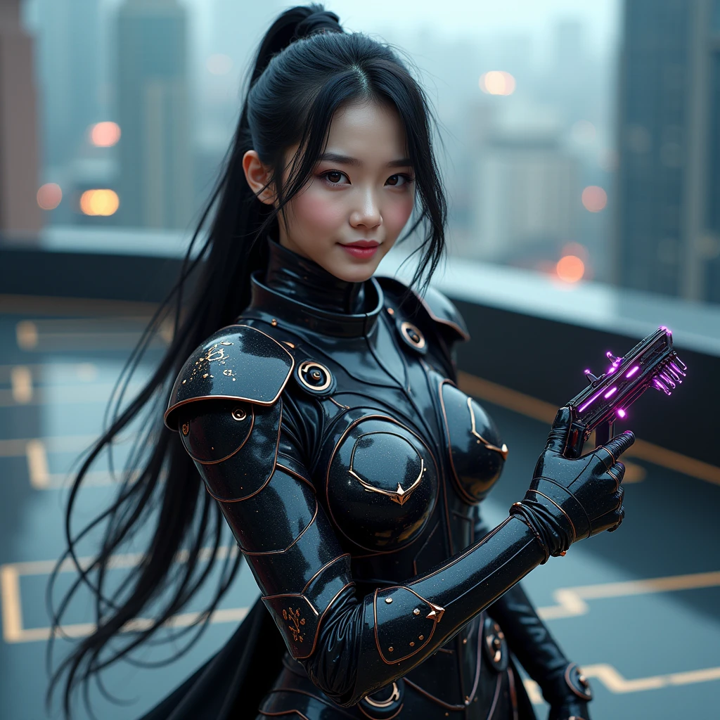 Looking at the camera while smiling.fantasy, mythological, beautiful korean woman with long black hair like a knight character in futuristic black chrome armor and purple-blue LED neon cyber components, neon is glowing enhanced on his armor, This character has a delicate appearance and intricate surrealism, orange steel metal with glittering bright gold reflective, ferocious design and texture, elegant steel boots, big breast open, sexy, seductive, standing on a black ceramic floor with unique motifs, on top of a multi-storey building. holding weapon cybernetics with led green lights on weapon, UHD