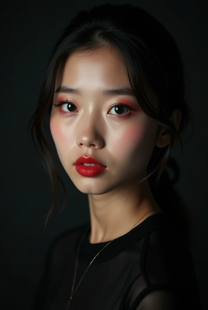 An Asian girl with fair skin and big beautiful eyes with blow dry hairs wearing night black and red lipstick