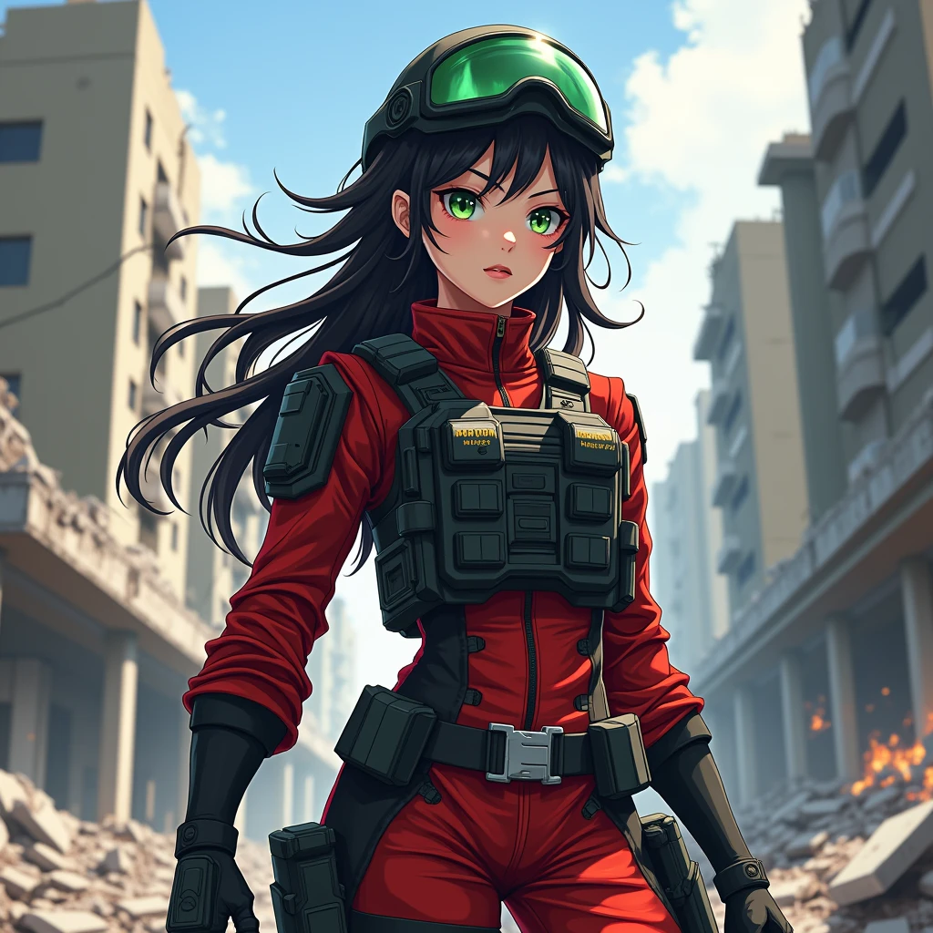 Girl, long black hair, green eyes, cool haircut, army military outfit, red and black camouflage, bulletproof vest, in heavy armor, military helmet, in destroyed building, anime
