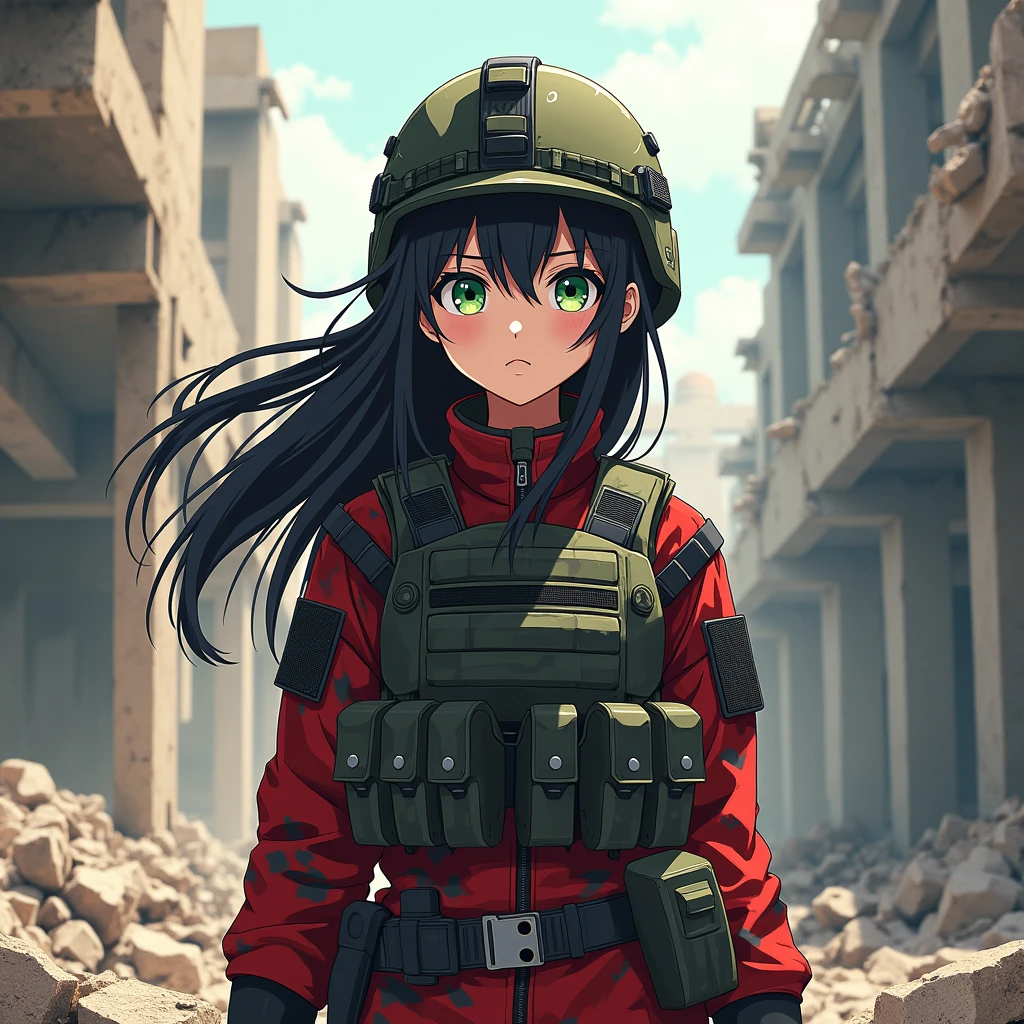 Girl, long black hair, green eyes, cool haircut, army military outfit, red and black camouflage, bulletproof vest, in heavy armor, military helmet, in destroyed building, anime