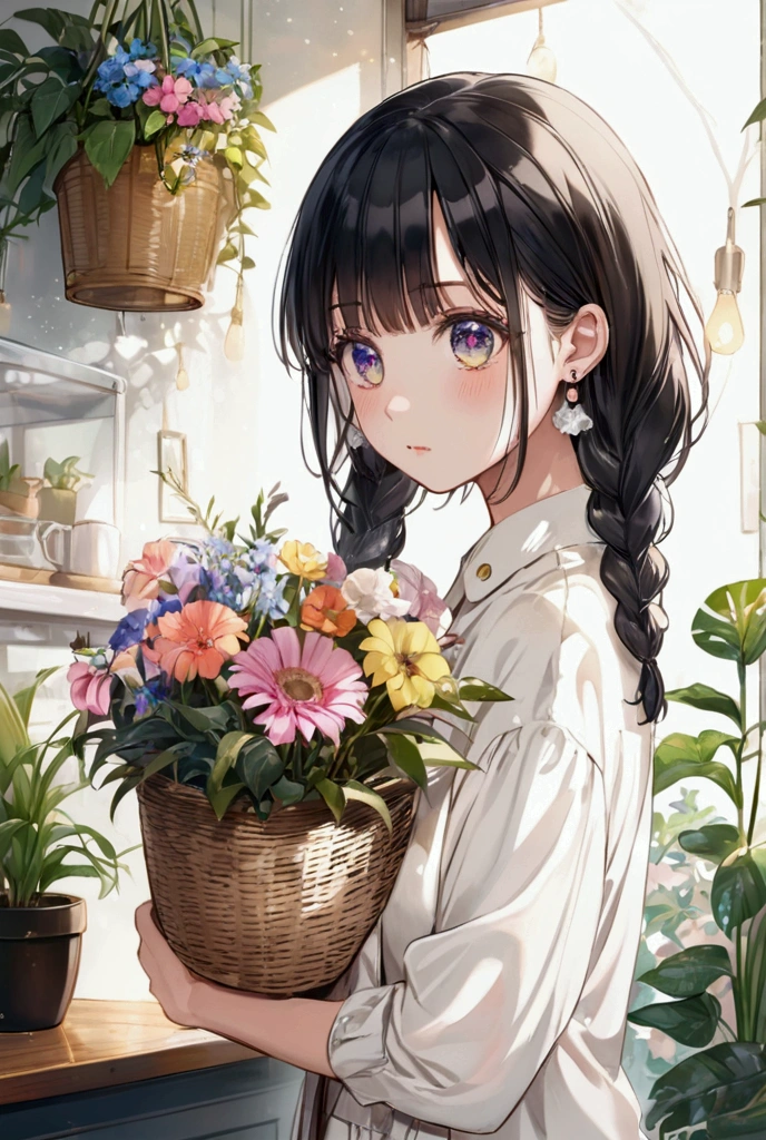 Woman in light-colored casual clothing, holding a basket of flowers in her hands. chic, Soft atmosphere. Soft Light. Cafe with many potted plants and colorful flowers in the background.Shortcuts, bangs, Black Hair, ribbon, Earrings, Side braids, chest, Close your mouth, Shy, Big glitter eyes, 