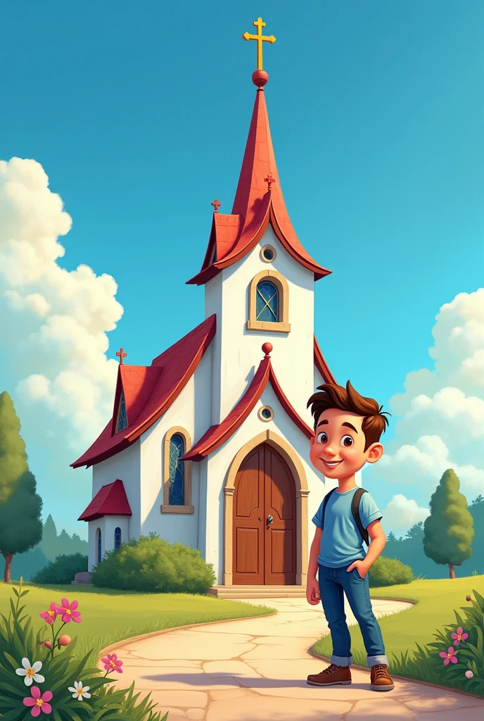 Draw man used in the tip image next to church, disney style image, background with blue sky  