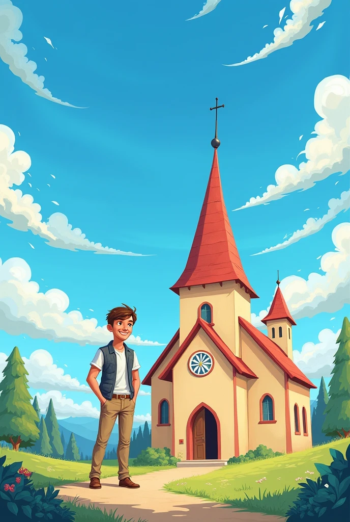 Draw man used in the tip image next to church, disney style image, background with blue sky