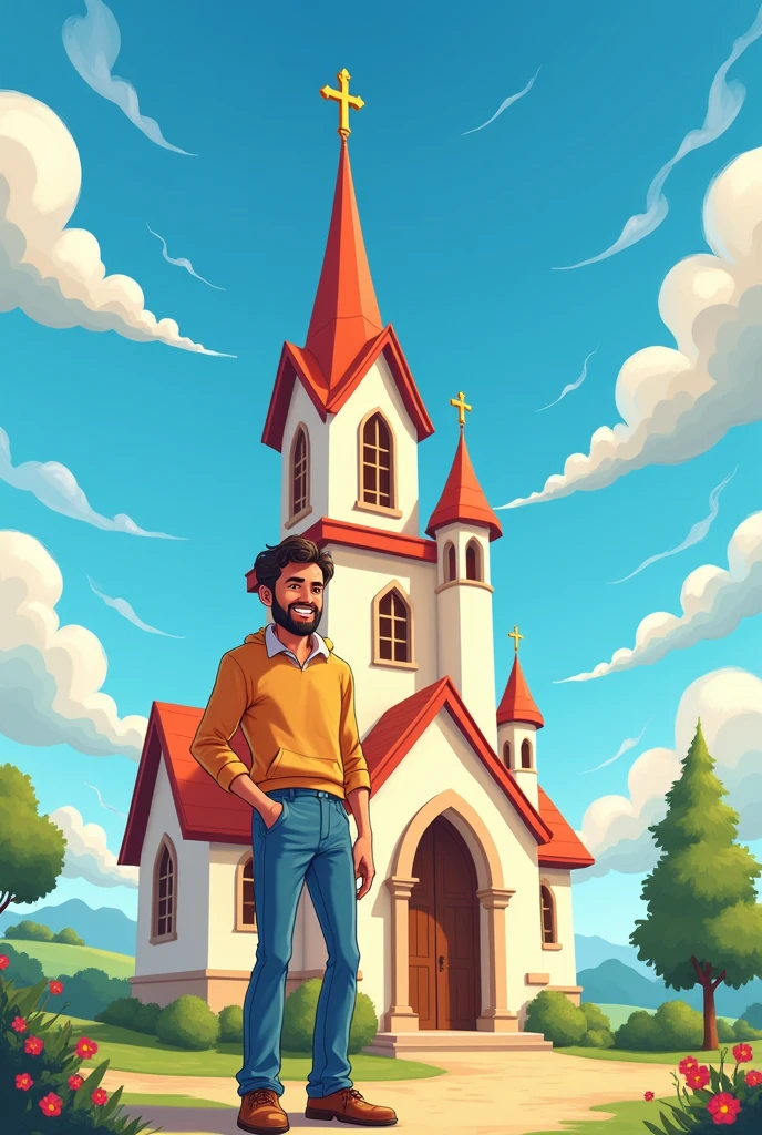 Draw man used in the tip image next to church, disney style image, background with blue sky  