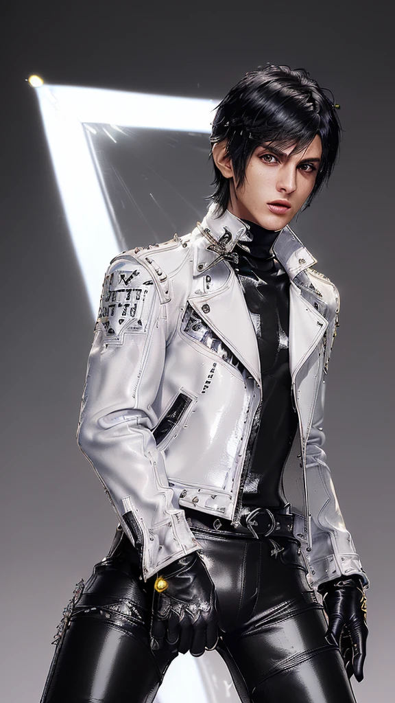((Final fantasy taste and reality graphics)), ((Japanese young cute and cool ikemen boy)), his age is early 20s, thin eyebrows and beady eyes, ((((he wearing white color and very shining brightly enamel leather thick single-brest motorcycle jacket)))), ((with epaulet)), ((enamel leather jacket close all zippers)),, ,(( jacket collar is very high length stand-up collar with belts)), , (((also wearing black color turtleneck very shining brightly enamel leather shirts))), (((tight black and very shining brightly enamel leather pants))), ((((very shining brightly black enamel leather tight and thin glove)))), ((black color and vety shining brightly leather knee-high raceup boots)),head-to-toe, whole body, boy looks like fashion model,Do not show skin from the neck down,(((all his clothes are smooth design and very shining))),(((Avoid adding unnecessary decorations to your clothes))),(((all clothes is simple design and appearance)))