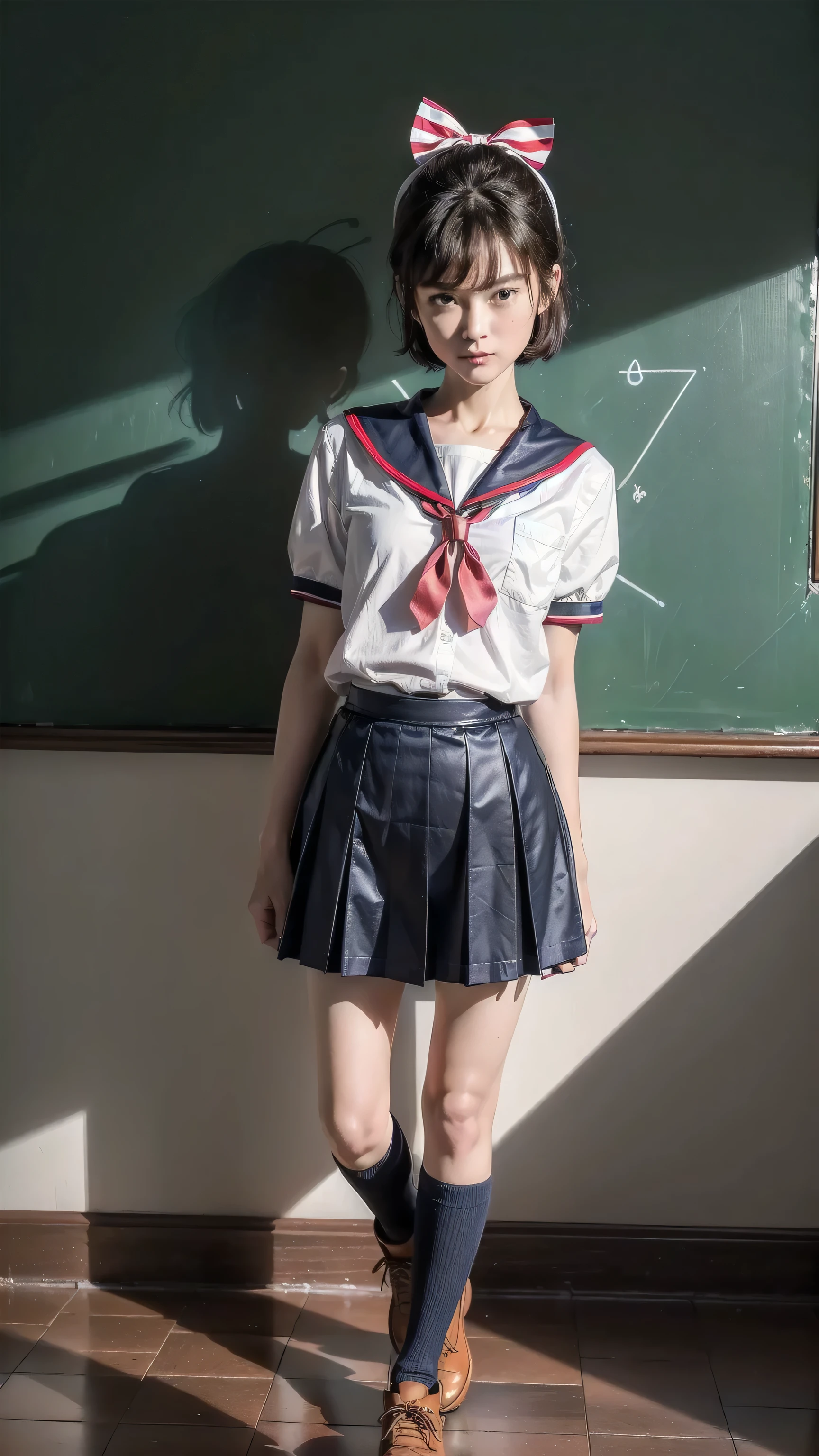 ((top quality, ultra-detailed, high resolution, extremely detailed CG, unity 8k wallpaper, by famous artist, perfect anatomy, super detailed skin, cinematic lighting, UHD, retina, anatomically correct, 1080P)), (Please draw a single one happy girl walking in a classroom school:1.3), a junior high school student, ((cute petit girl, chibi, babyface)) androgynous charm, ((1girl)), (( face:2.0), smile, ((Kiki)), ((short hair)), ((brown hair)), ((black eyes)), ((hair bow)), ((black dress)), ((brown footwear)), ((very thin legs)), ((skinny legs, thin body, small build)), Full limbs, complete fingers, ((perfect fingers and hands)), flat chest, small breasts, ((childish body:1.3)), small butt, groin, ((sailor school uniform)), ((blue skirt)). ((white blouse)), ((red bow on the blouse)), ((blue sailor collar)), short sleeves, stockings, socks outlined with black stripe, shoes, (Detailed Lighting), ((classroom background)), (Detailed scenary background), ((in the school zone)), full body view, ((standing)), legs. Cute, kawaii single girl (one girl), full body shot. ((Background is the school)), front body, ((A natural, correctly proportioned hands)), ((little girl))