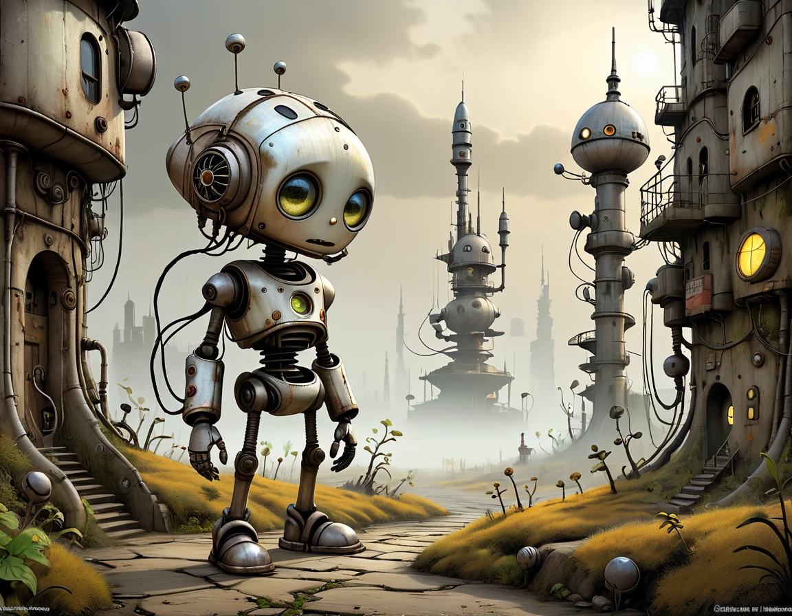 Create a full-body 3D-inspired image of a dystopian future cartoon character from the 2009 game Machinarium. The character should be pathetic, blasé, and funny, with detailed original robotic features in a labirynthic city, surreal textures, and dynamic lighting that enhance the atmospheric, retro-futuristic setting. The environment should be menacing and mysterious, yet calm and playful. calm and bucolic composition, samorost style cartoon