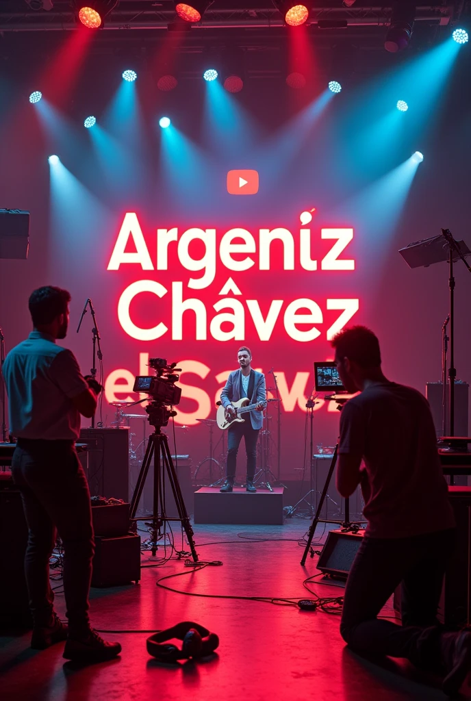 “I want a background that has the text &#39;Argeniz Chávez El Show&#39; in red. The image must include tripods recording, music related items (as microphones, headphones, or musical instruments), and the YouTube logo somewhere in the image.”
