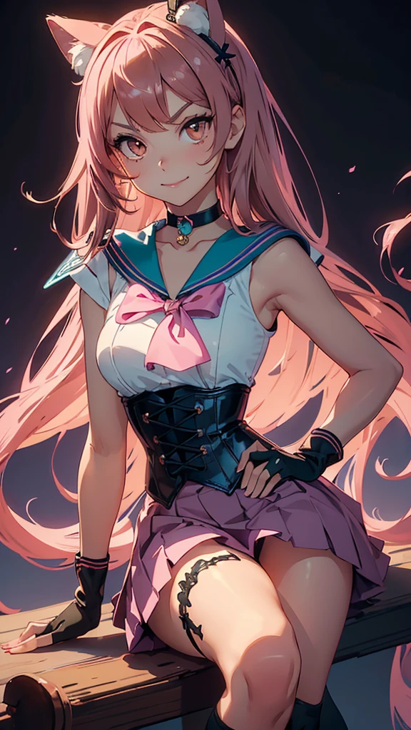 masterpiece, high quality, standing, 1_women, (upper body), (((looking at viewer))), (bright brown pink hair), long length hair, cute bangs, flowing hair, (exotic skin_complexion:1.4),mature, tall, diamond shaped eyes, (((brown eyes))), dark_eyeliner, long_eyelashes), (hands on hip), (black fingerless_gloves), beautiful, exotic, elegant, slim, (((sailor collar))), black thigh highs, choker, medium bust, (pink and teal corset), pink and teal ta style skirt, knee high heel with laces, (sleeveless), natural dynamic lighting, ((smirking)), lolisakura bright sky,cat ears, butterflies, brown hair, sitting down