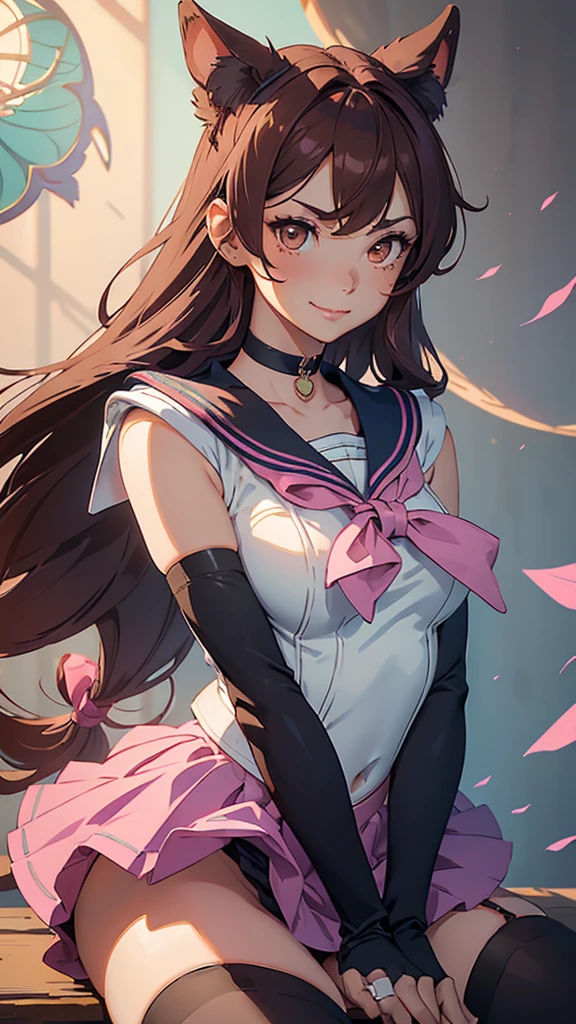 masterpiece, high quality, standing, 1_women, (upper body), (((looking at viewer))), (bright brown pink hair), long length hair, cute bangs, flowing hair, (exotic skin_complexion:1.4),mature, tall, diamond shaped eyes, (((brown eyes))), dark_eyeliner, long_eyelashes), (hands on hip), (black fingerless_gloves), beautiful, exotic, elegant, slim, (((sailor collar))), black thigh highs, choker, medium bust, (pink and teal corset), pink and teal ta style skirt, knee high heel with laces, (sleeveless), natural dynamic lighting, ((smirking)), lolisakura bright sky,cat ears, butterflies, brown hair, sitting down