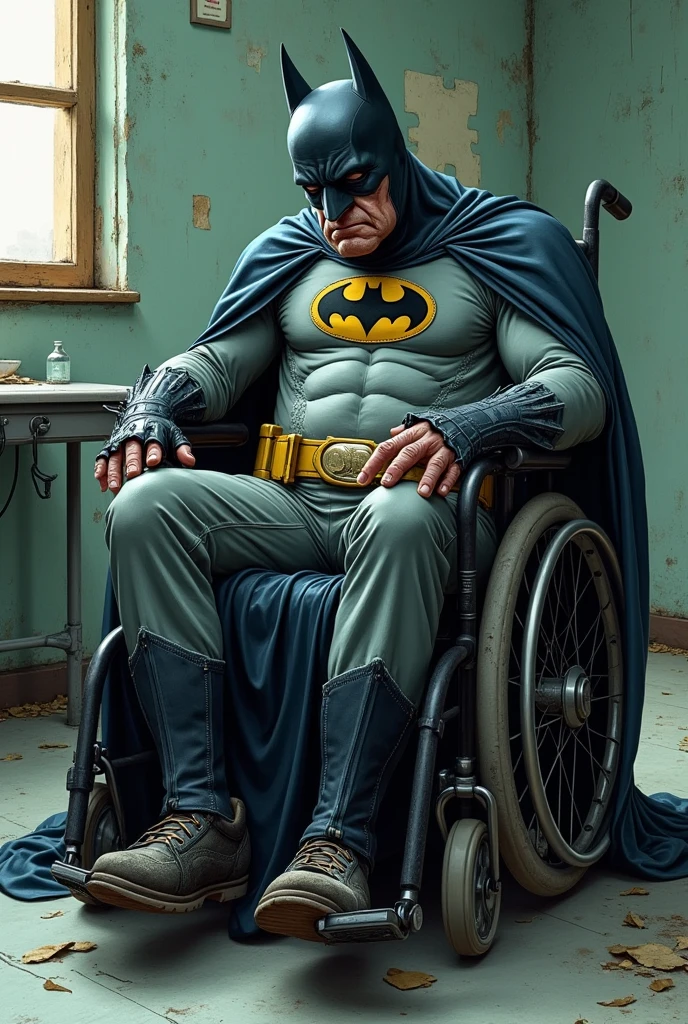 Batman in a wheelchair super old with gray hair and with a torn and neglected Batman costume . Sad and tired face. Psychiatric style room background. American style drawing 