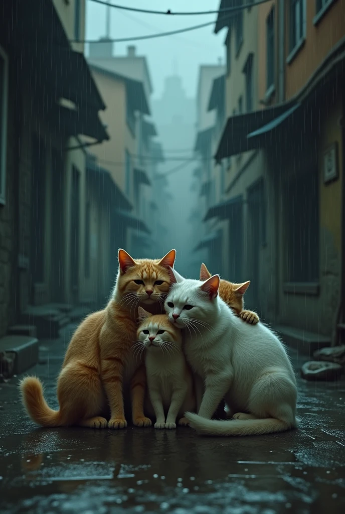 Sad cats in the rain