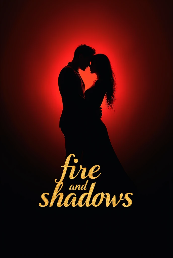 • Bottom: A gradient from red to black.
•	Imagen principal: A silhouette of a couple in a suggestive embrace in the center.
• Title: "fire and shadows" in gold cursive font at the top.
• Author: [p.iron] at the bottom in white.

