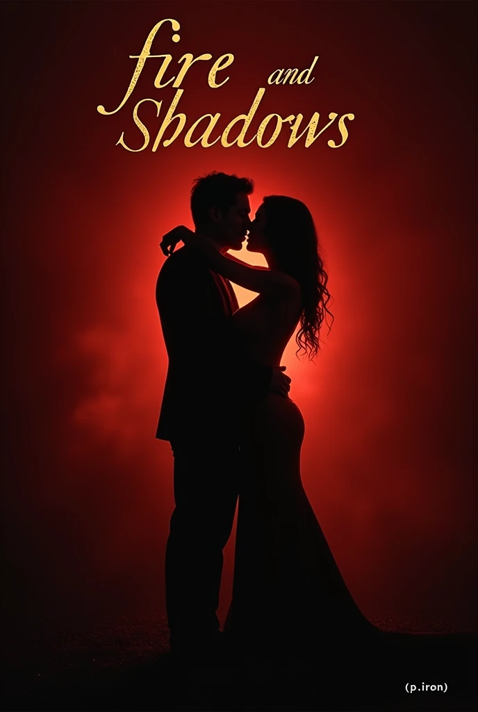 • Bottom: A gradient from red to black.
•	Imagen principal: A silhouette of a couple in a suggestive embrace in the center.
• Title: "fire and shadows" in gold cursive font at the top.
• Author: [p.iron] at the bottom in white.
