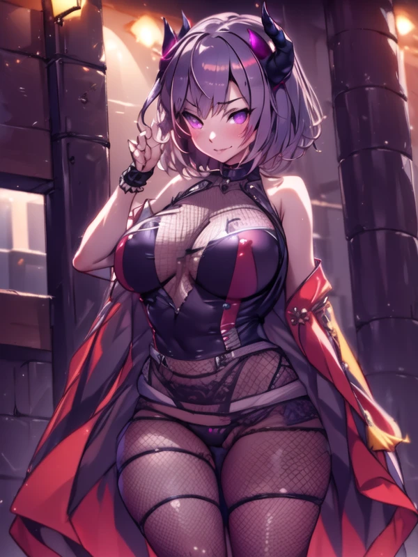 1girl,  kirisima,horns, short hair, sleeveless, jacket, short dress, full body, fishnets,, (dark light:1.2),(hyper extreme detailed),(masterpeace:0.5),(hyper extreme),(photorealistic),game cg,llustration,novel illustration,beautiful lighting,light from the front,BREAK, (good hand,nice hands, perfect hands:1.2),five finger,