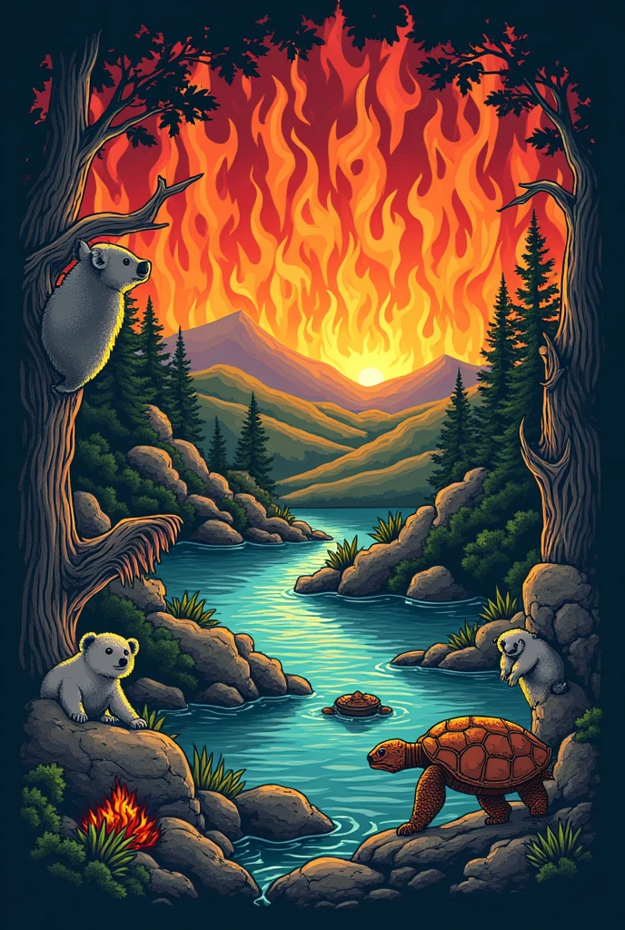 t - shirt, print with message to protect life on Earth with, with animals in danger from fire