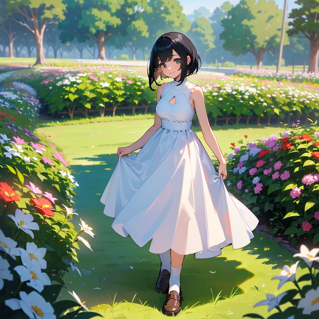 (high quality, High resolution, Very detailed, reality:1.37), Peaceful atmosphere, (Outdoor, garden), Teenage girl standing alone, (my breasts are big.), Beautiful details, Cute Smile, (Black bob hair), White sleeveless dress, White socks, loafers.
