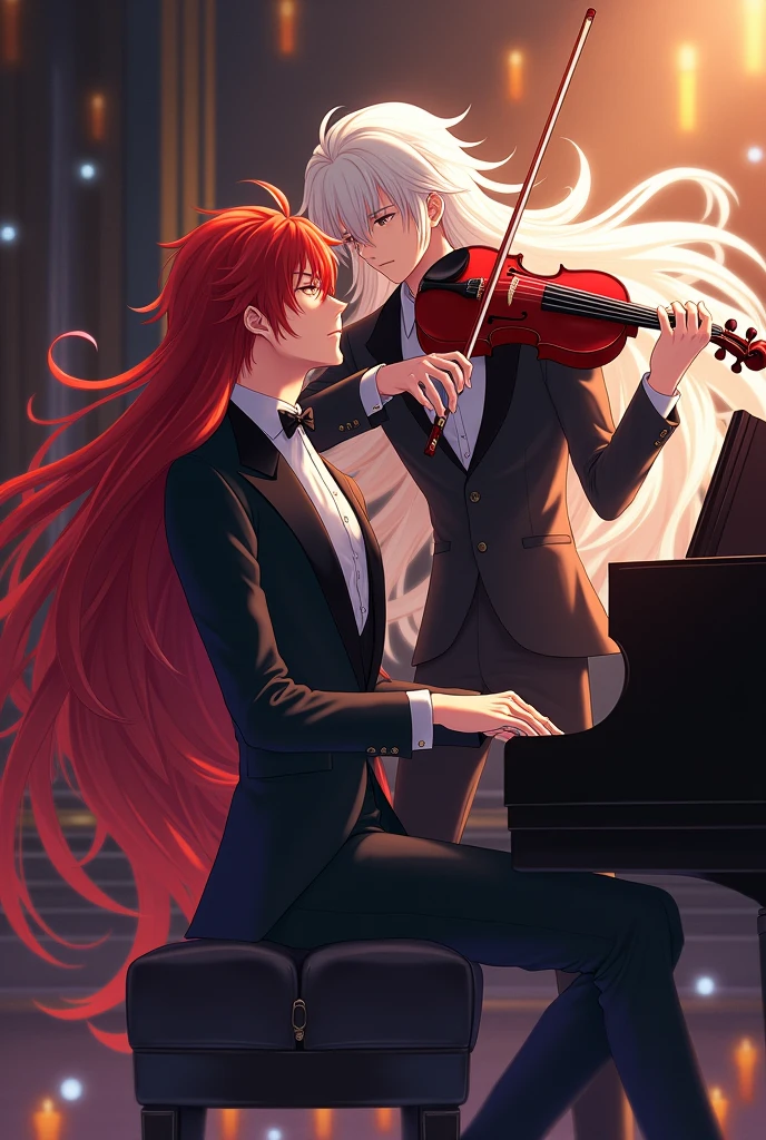 Anime gay Long-haired red-haired man and long-haired white-haired man, Pianist and violinist 