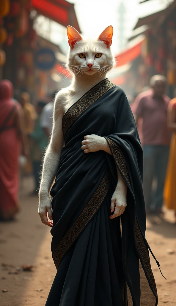 White cat in black saree in market