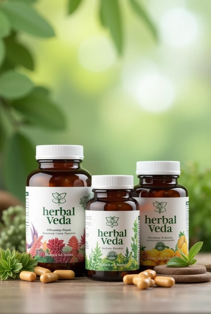 Pill bottles having brand label herbal veda