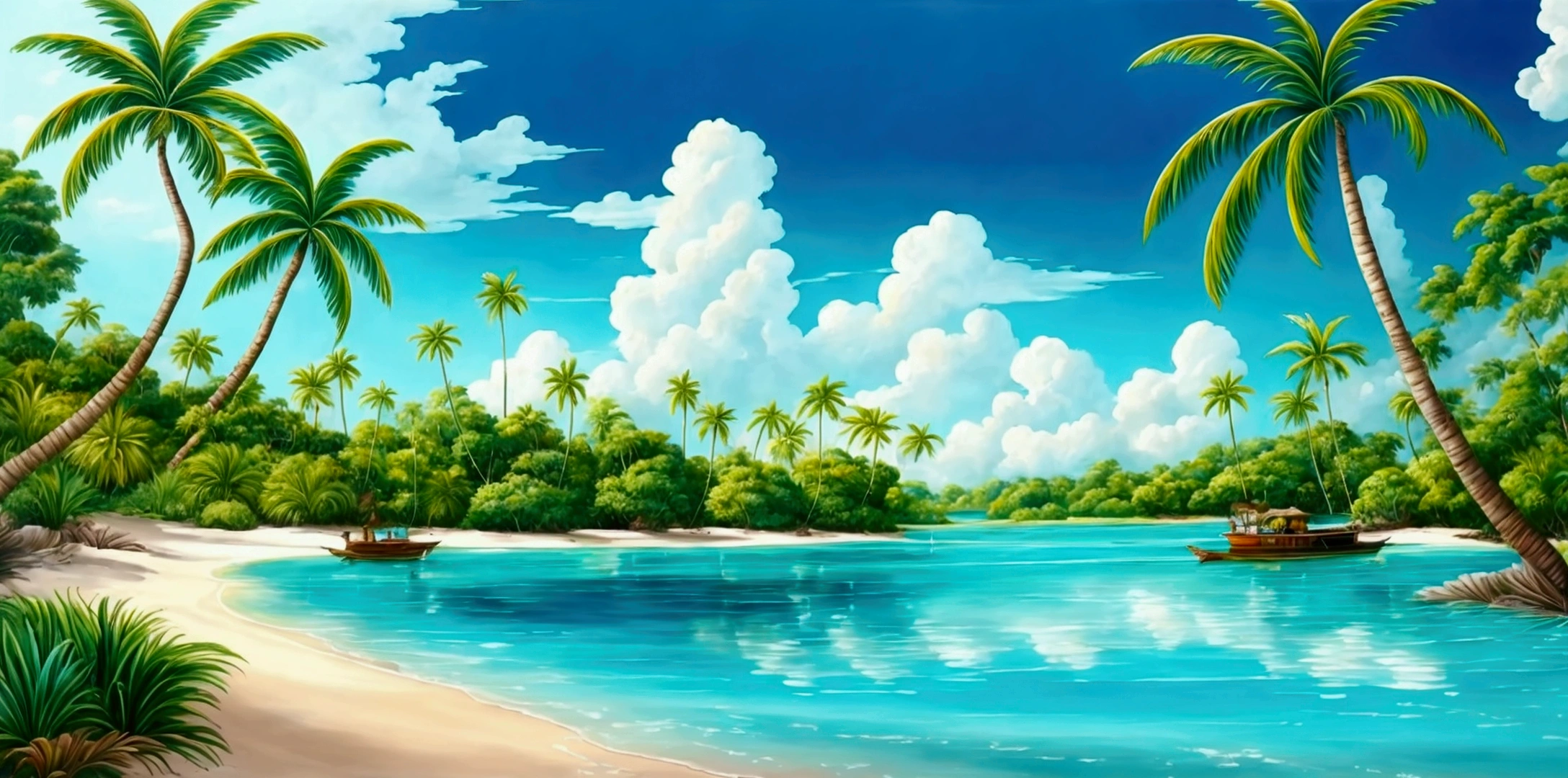 create a stunning painting of a beautiful lagoon. Wonderful turquoise water. Lots of palm trees and a breathtaking jungle around the water. The lagoon opens onto a sandy beach and an open sea