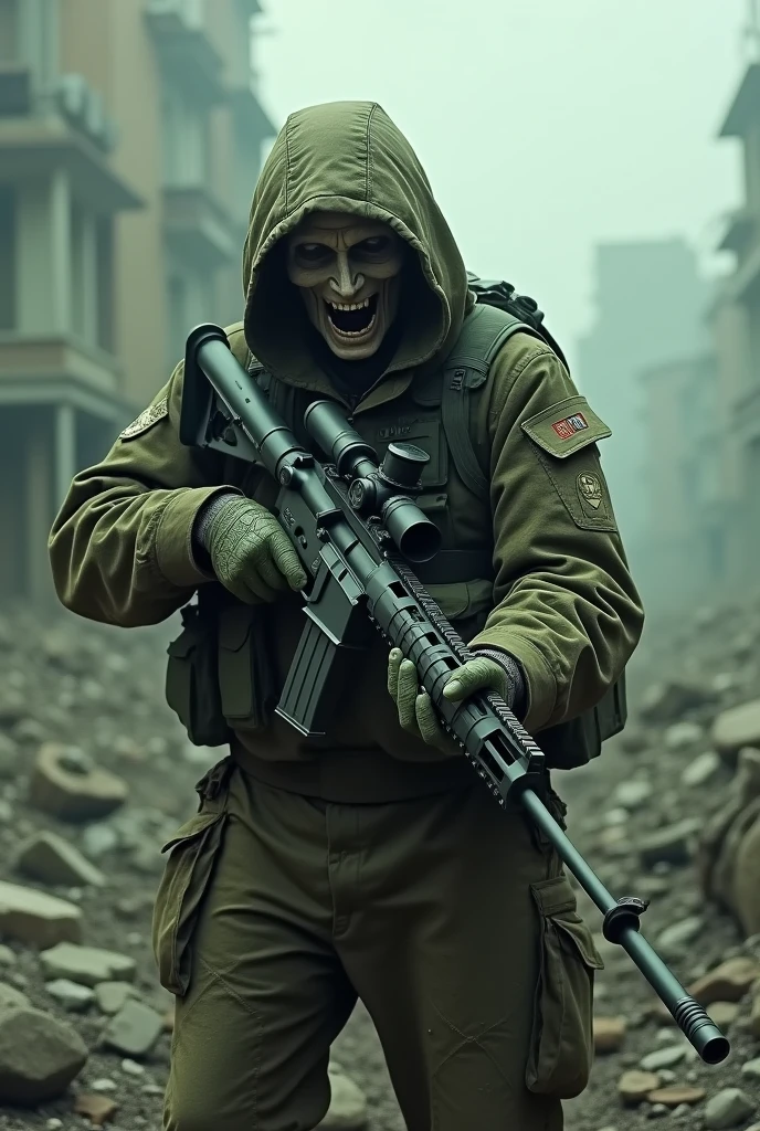 Dead wear miletry colour costume and holding a sniper gun