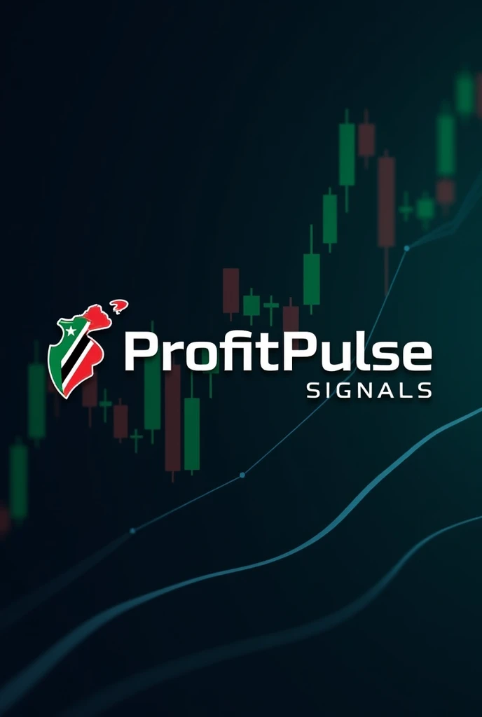 Create an image for "ProfitPulse Signals" with the name in bold, sleek typography. Use a financial theme with stock charts or candlestick patterns in the background. The color scheme should include dark blues, greens, and white for a professional, modern look. Add a small red, black, and white Trinidad flag for a touch of national identity.