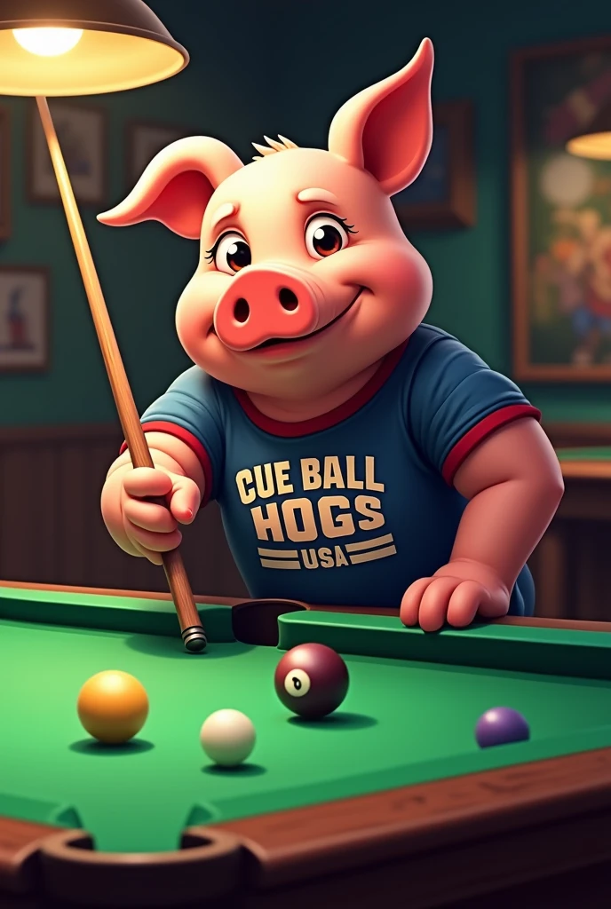 Create a profile picture for an animated pig who plays pool, he plays for a pool team named "Cue Ball Hogs USA" and his name is "CueMyBalls" make him stand at a pool table playing with a jersey that says his name and his teams name