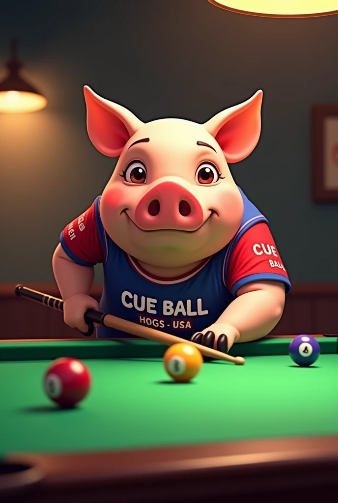 Create a profile picture for an animated pig who plays pool, he plays for a pool team named "Cue Ball Hogs USA" and his name is "CueMyBalls" make him stand at a pool table playing with a jersey that says his name and his teams name
