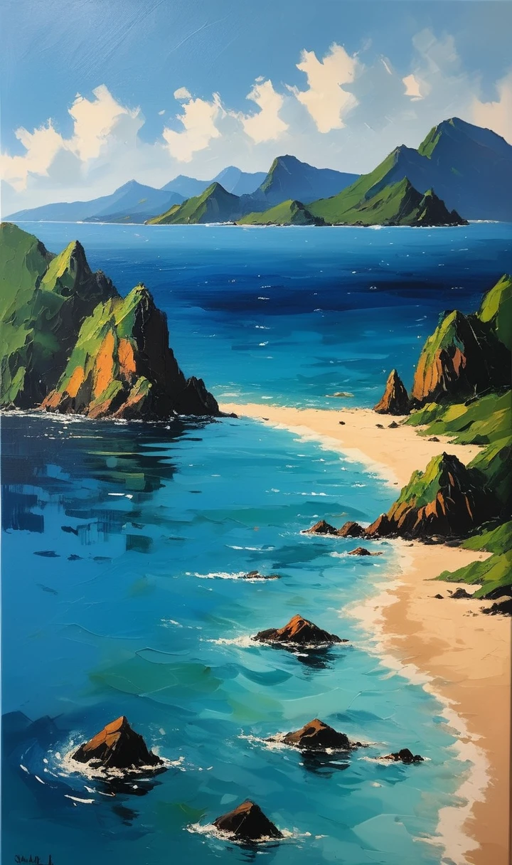 A minimalist landscape painting,One of the islands,Created using a mix of acrylic modeling and impasto techniques. The style is reminiscent of Monet's impressionist paintings., Fantastic, Sunset affects the sun, A wonderful vision, Detailed background, Complex and high quality. Old film grain, Four-color, Rust style, Vatican Black Halo, Golden Ratio, Rule of Thirds, Movie lighting darkness and magic realism. Deep zoom complementary poison colors memphis style, Depth zoom abstract bokeh background, Digital Artwork, 说明sex的, sex, Painted landscapes, Very detailed