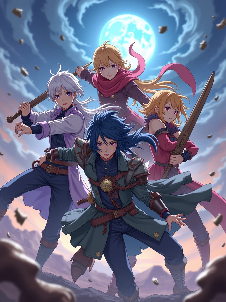 game cover, team in action, 4 characters, RPG style, anime style, minimalist, action, featured photo, no name, no watermark