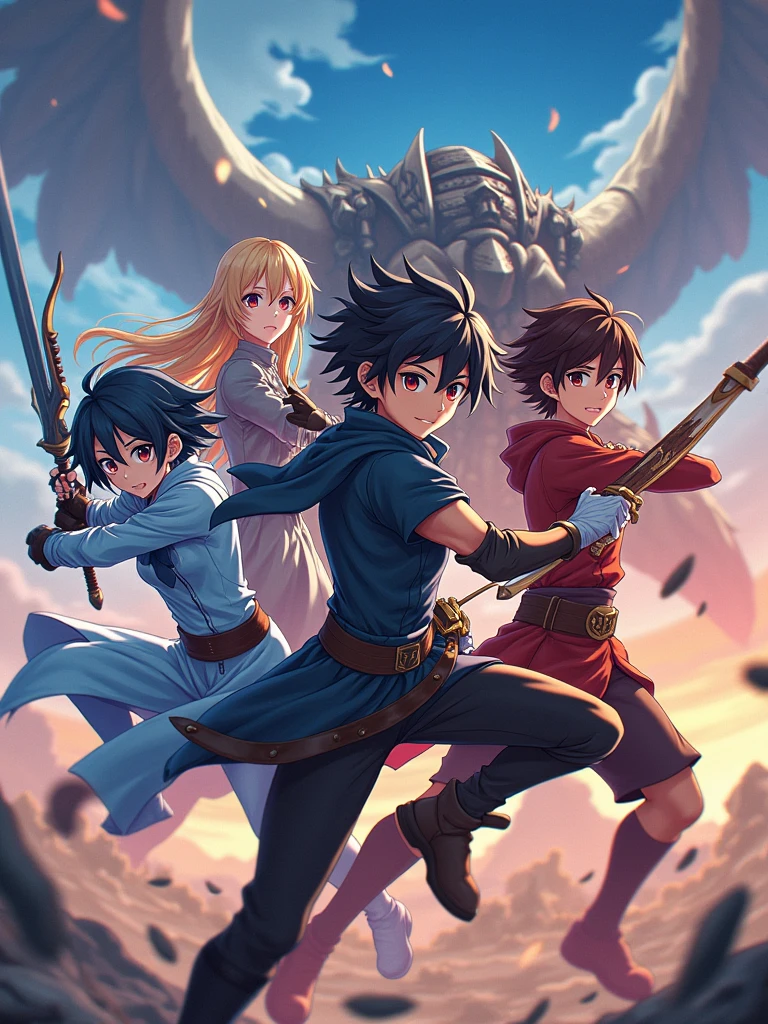 game cover, team in action, 4 characters, RPG style, anime style, minimalist, action, featured photo, no name, no watermark