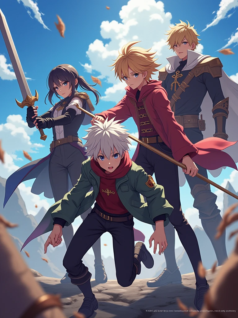 game cover, team in action, 4 characters, RPG style, anime style, minimalist, action, featured photo, no name, no watermark
