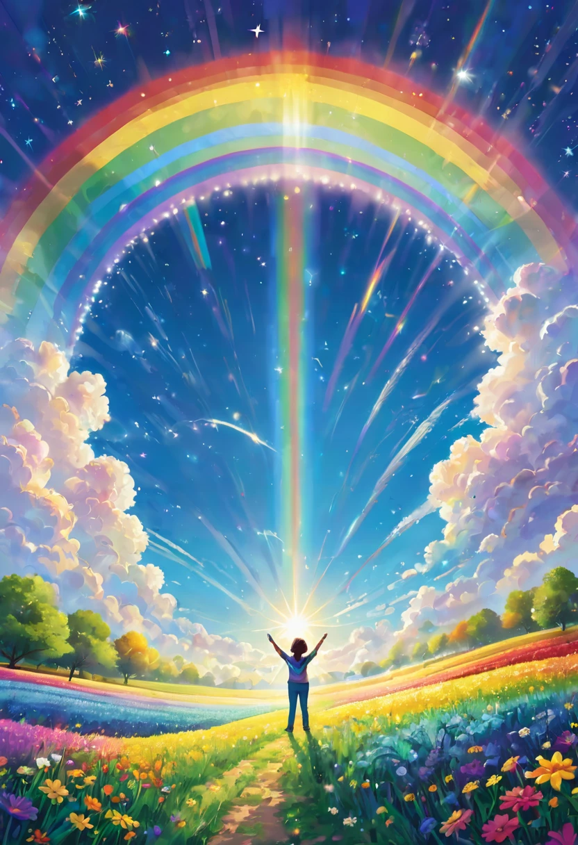 "A vibrant, uplifting scene featuring a figure standing beneath a large rainbow stretching across the sky. The figure is located in the center of the image, with arms spread wide in a sign of joy and victory. There are bright, soft clouds and the sun. The colors of the rainbow are vibrant, symbolizing hope and future possibilities, and the figures are small compared to the vastness of the sky, emphasizing the lush landscape of the moment. stars, galaxy. An overall sense of optimism and accomplishment. This figure emits light and creates a light effect around it, creating a ripple of light that spreads throughout. Please. Add sparkle with light radiation and fine particles. Finished with a bright and warm design that warms the heart of the viewer.