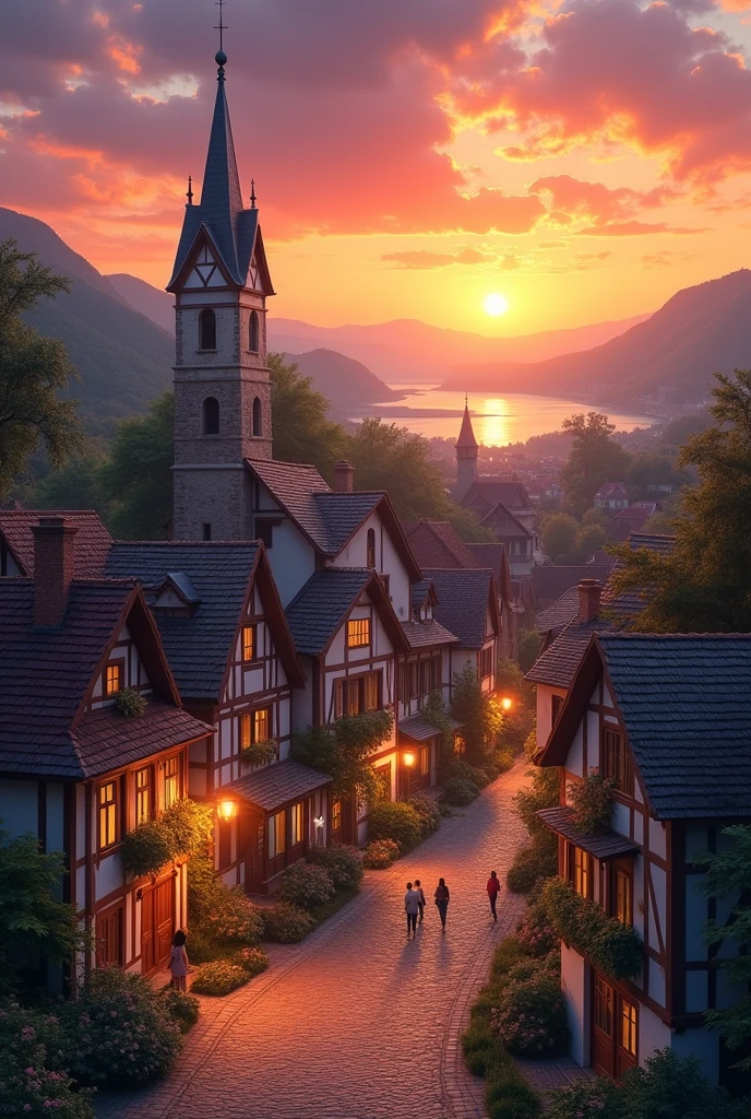 Realistic image of a town with a sunset